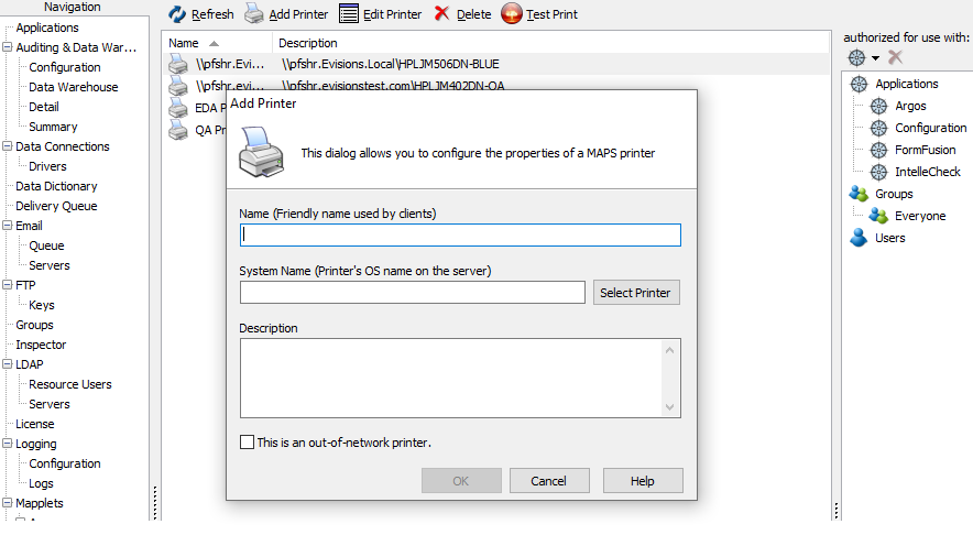 Windows Print Setup dialog shown after selecting the Add Printer button.   You can configure the paper size, source tray, and orientation, as well as advanced printer properties.